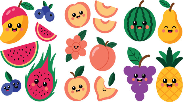 Kawaii Cute Smiling Fruit Face Vector Collection Set with Mango Watermelon Peach Dragonfruit Pineapple Grape Pear and Blueberry Character Icons
