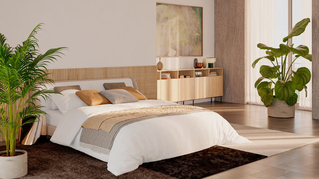 Large luxury modern bright bed room interiors 3D rendering illustration Color Image