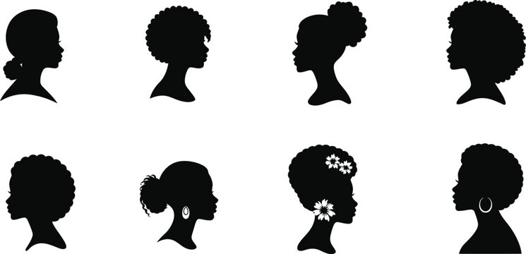 Eight black silhouettes of women's profiles with varied hairstyles
