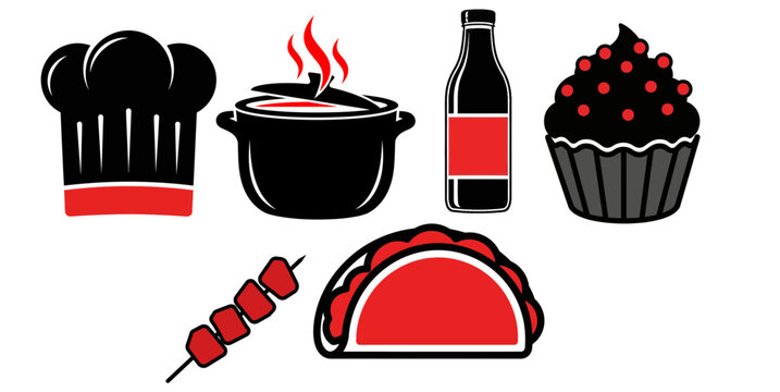 Collection of culinary elements and symbols representing cooking and food culture in a vibrant graphic design style