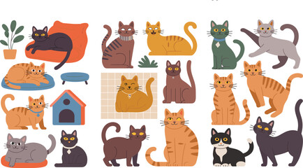 Fototapeta premium Flat Design Colorful Cat Vector Collection Set with Orange Black Gray Brown Tabby Kittens Sitting Lying on Bed House and Cushion Icons
