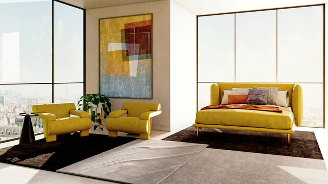 Large luxury modern bright bed room interiors 3D rendering illustration Color Image