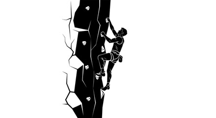Male rock climber ascending a steep rock face with geometric handholds, black and white vector sketch. © Hafiz