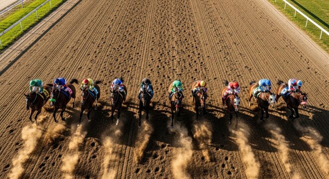 Aerial view of horse race on dirt track with riders in colorful jockey silks