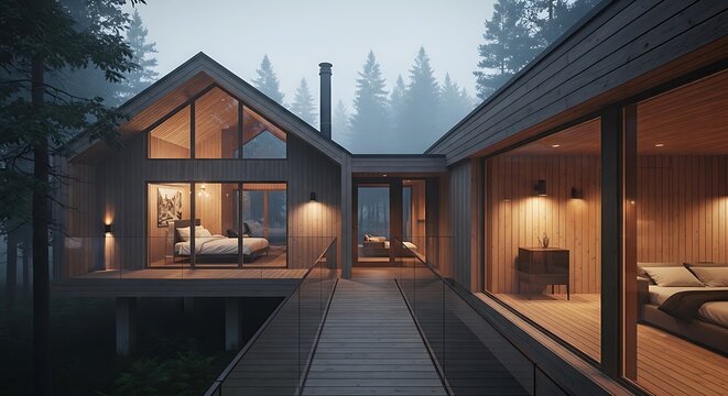 Modern wooden villa featuring expansive glass windows and a bridge walkway designed with minimalist interior decor and warm lighting elements