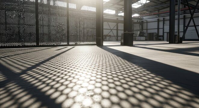 Sunlight filtering through a perforated metal sheet, casting intricate geometric shadows on an industrial floor.