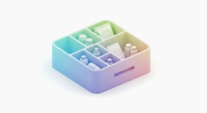 A colorful pillbox organizer with multiple compartments sits on a white surface indoors.