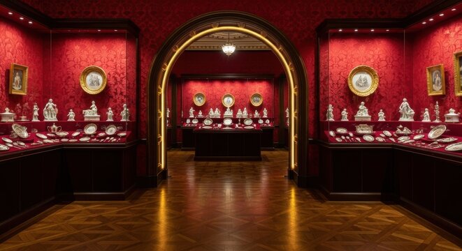 Grand museum interior with ornate archway leading to artifact displays and polished parquet flooring