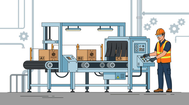 Factory worker operating packaging conveyor line in warehouse.