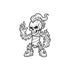 Fototapeta premium Fire Skull Mascot Vector Line Art Illustration, Black and White Tattoo Design