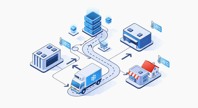 Truck transports packages between buildings with warehouse storage and database servers nearby efficiently