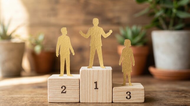 Golden human figures standing on wooden winner's podium representing first second third place with achievement, champion