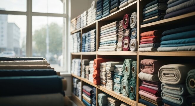 Well-stocked fabric shop with rolls and stacks of colored textiles