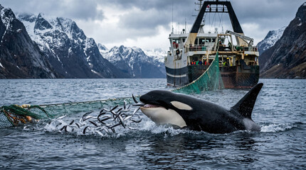 The orca or killer whale (Orcinus orca) eat some fish escape the nets from Trawlers ship in the Norwegian sea, the fjords of Norway.  © pinan