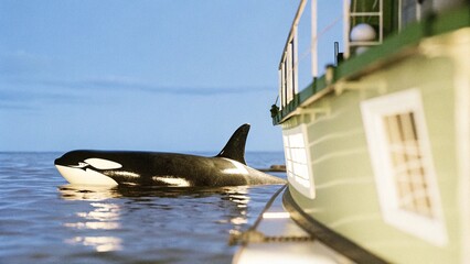 The orca or killer whale (Orcinus orca) swimming beside Trawlers ship at night in the Norwegian sea, the fjords of Norway.  © pinan