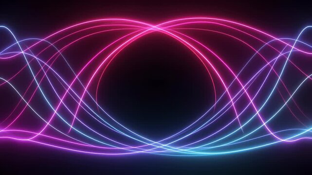 A vibrant abstract background with intertwining neon pink and blue wavy light lines on a dark backdrop.