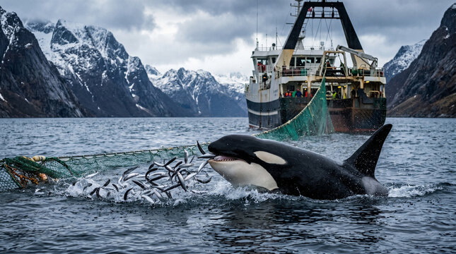 The orca or killer whale (Orcinus orca) eat some fish escape the nets from Trawlers ship in the Norwegian sea, the fjords of Norway.
