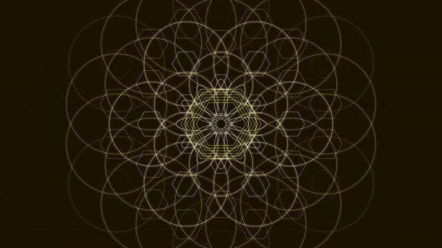 Premium 4K seamless loop of the Ajna Flower of Life sacred geometry phase shifting in a cinematic void. Ideal for VJ sets, trance visuals, meditation, and yoga studios.