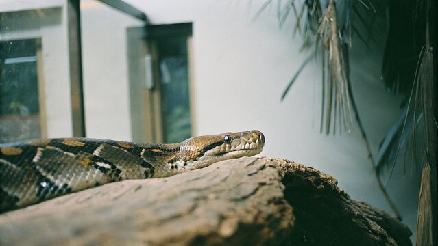 Close up of The reticulated python (Malayopython reticulatus) crawling on tree at night , Singapore.
