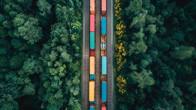 Freight train containers aligned in long line, modern logistics concept.