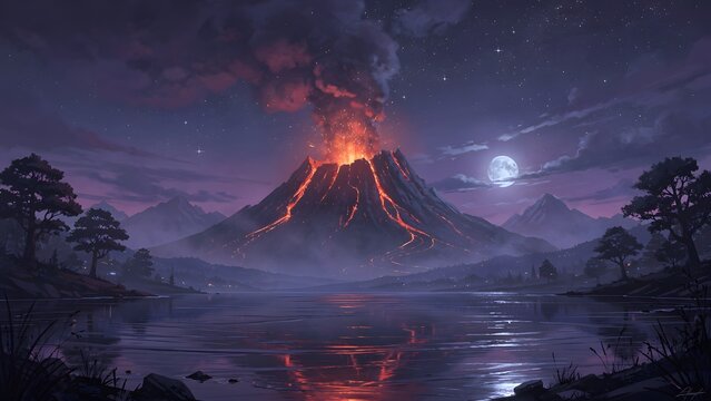 Majestic volcanic eruption under moonlit night sky with serene lake reflection