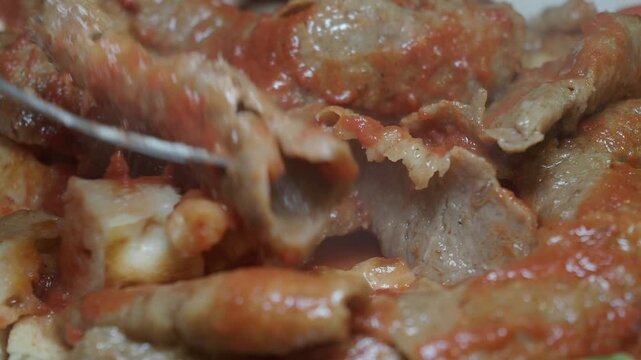 Close-up of Delicious Turkish Iskender Kebab with Hot Tomato Sauce
