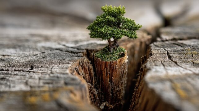 A resilient green bonsai thriving on a weathered wooden stump, symbolizing hope and renewal in nature.
