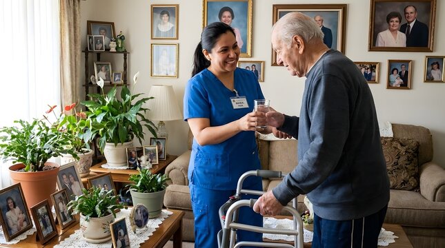 Caring Home Health Aide Assisting Elderly Man in Cozy Living Room