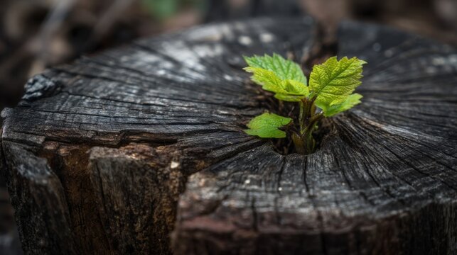 Young green sapling grows from dark weathered tree stump, symbolizing renewal and life emerging from decay.