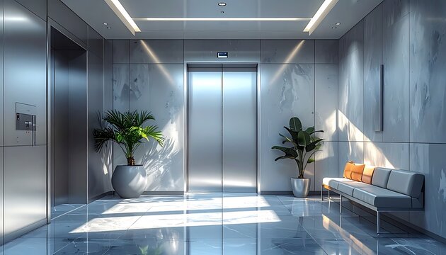 A modern interior with sleek elevators and a minimalist seating area