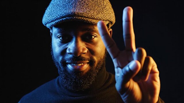 Man with flat cap makes peace sign with colorful lighting.