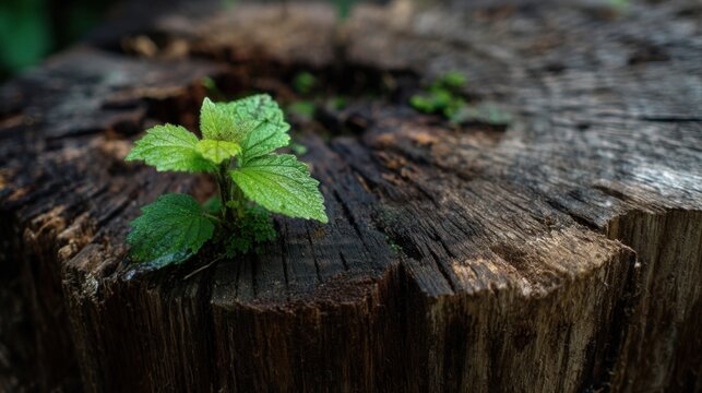 Young green sprout grows from a weathered tree stump, symbolizing resilience and renewal in nature.