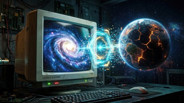 A vintage computer monitor displays a swirling galaxy, connected by a glowing blue energy bridge to a fractured Earth.
