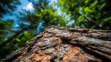 Fototapeta premium Close-up textured bark of a mature tree trunk in a natural forest setting, revealing intricate patterns.
