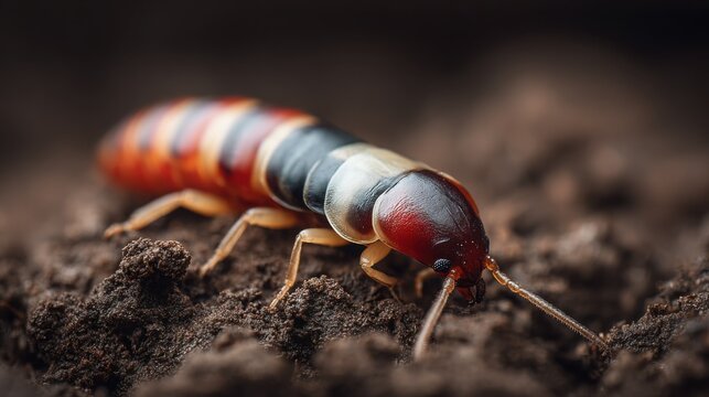 Close-up of an earwig insect with segmented tail crawling over damp soil in a natural environment