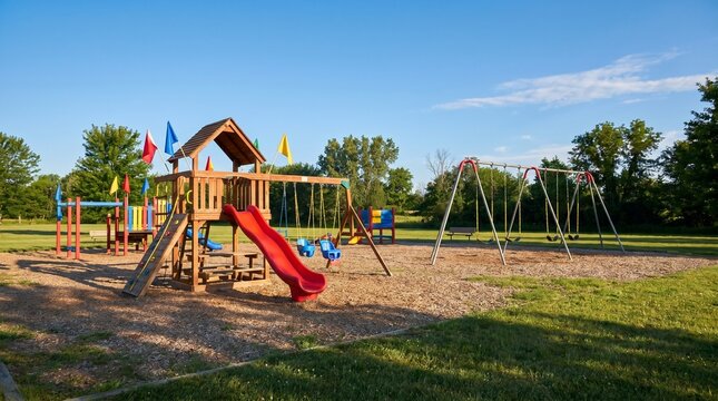 Sunny day at an empty wooden playground with swings and slides, inviting outdoor fun