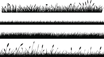 Black silhouette grass borders with flowers and seed heads © MDSHAHIN