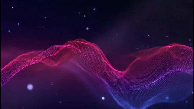 A vibrant abstract landscape of flowing particles creates a futuristic and dynamic visual.