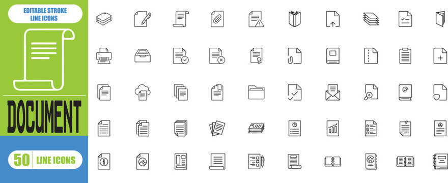 Document Icons Set &ndash; Paper, Archive, Folder, Legal Document, Clipboard & Mail Outline Collection | Editable Stroke Vector