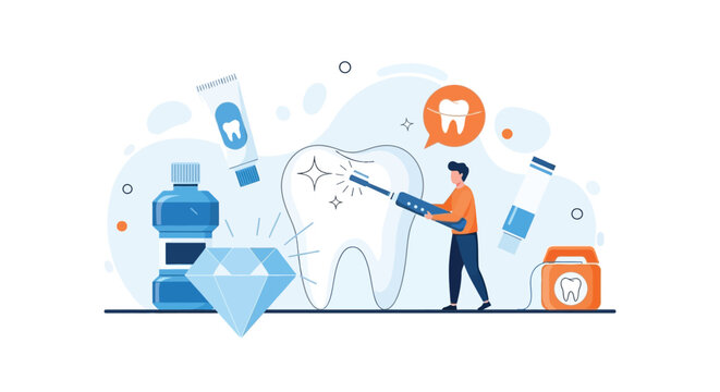 Dental care concept vector illustration featuring giant tooth cleaning process with toothbrush mouthwash toothpaste dental floss plus sparkling diamond icon.