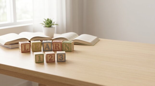 Wooden blocks spelling "LEARN" and "123" arranged on a desk with open books, symbolizing education and early learning.