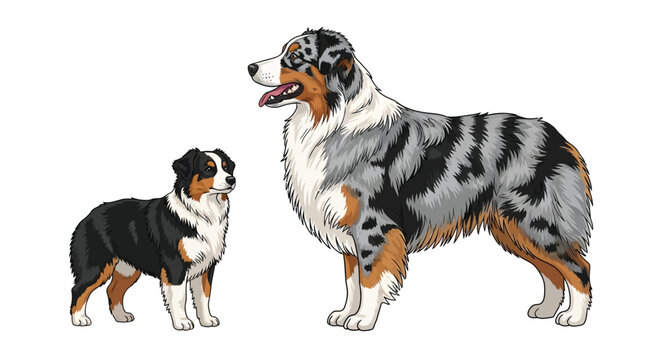Australian shepherd dog breed illustration showing two sizes of aussie dogs with blue merle and black tri color patterns isolated on white background art.