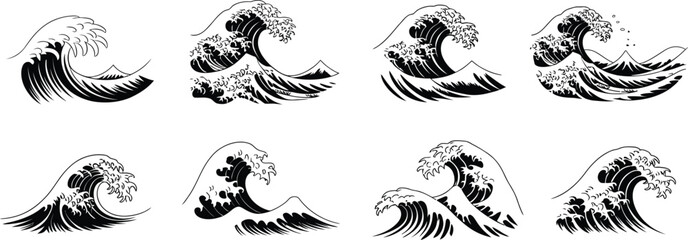 Obraz premium Set of eight black and white wave ocean water splash