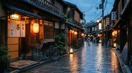 Fototapeta premium A rainy evening scene in a historic Japanese street.