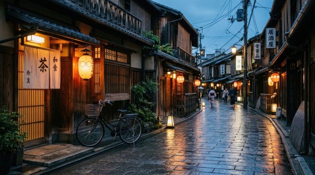 A rainy evening scene in a historic Japanese street.
