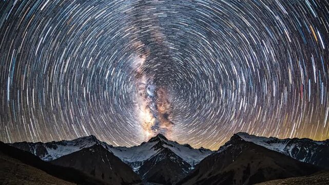 Star Trails Over Snowy Mountains Capturing the Milky Way Galaxy.