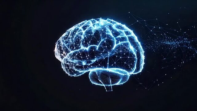 Glowing blue brain illustration, network-like with connected points against a black background