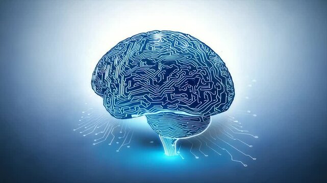 A glowing, circuit-like brain illustration set against a blue gradient background