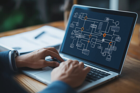 Decision tree analysis. Decision support for risk management. Businessperson using laptop computer to analyze strategy
