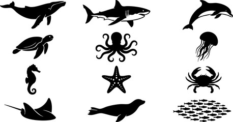 Collection of Ocean Animals - Whale, Dolphin, Shark, and More © Adhikary R